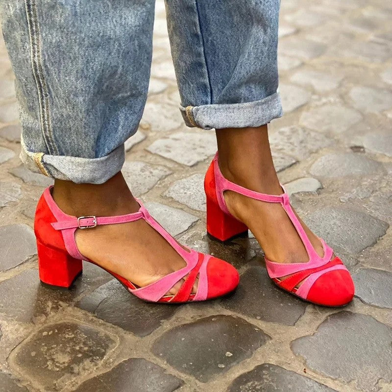 Summer Fashion High Heel Round Head Female Color-matching Sandals red and pink - D&A