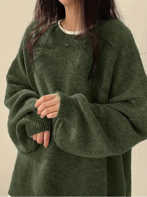 Idle Style Retro Crew Neck Pullover Sweater Green Free Size - D&A