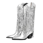 Sequin Tassel Pointed Sleeve High Leg Boot Silver - D&A