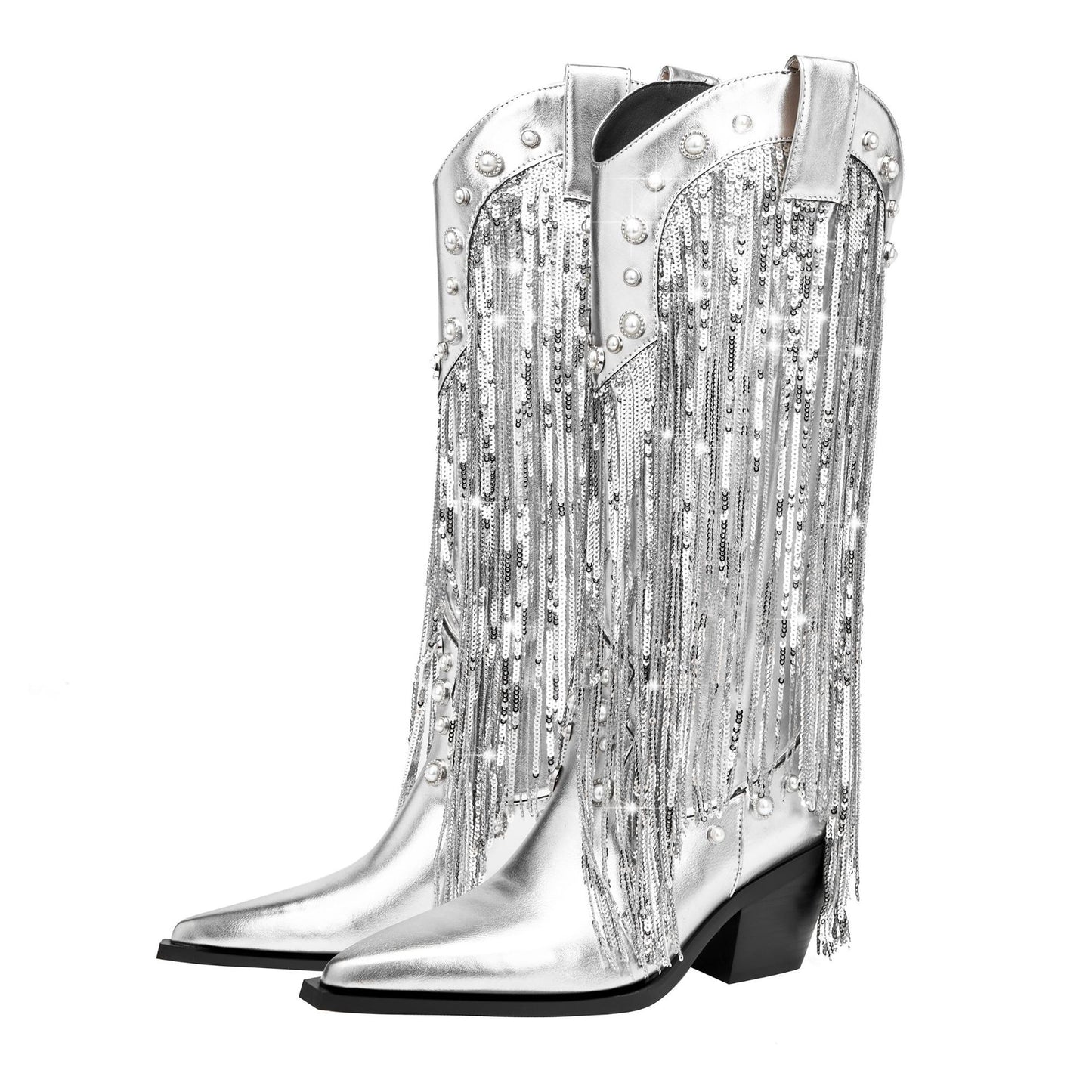 Sequin Tassel Pointed Sleeve High Leg Boot Silver - D&A