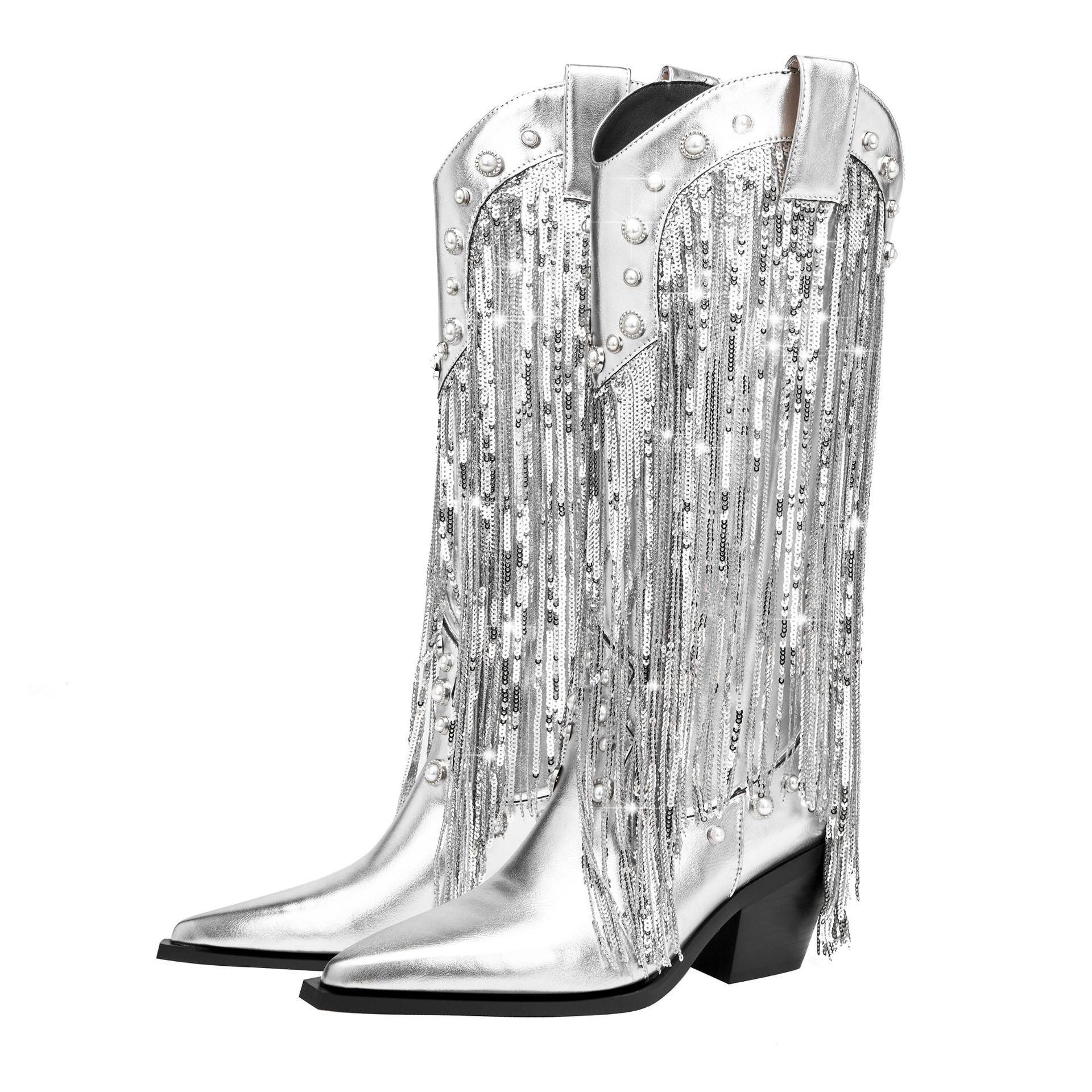 Sequin Tassel Pointed Sleeve High Leg Boot Silver - D&A