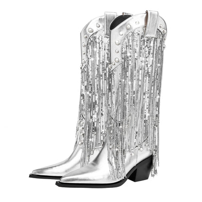 Sequin Tassel Pointed Sleeve High Leg Boot Silver - D&A