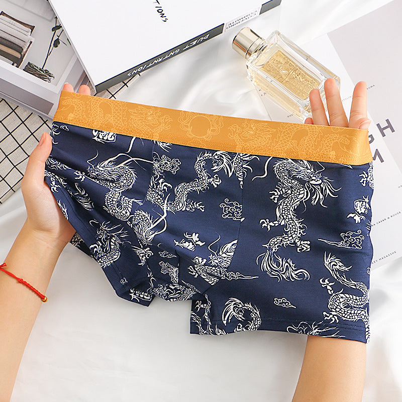 Dragon Pattern Domineering Men's Underwear Pure Cotton Comfortable Dark Blue - D&A