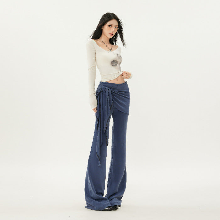 Casual Low Waist Slim Fit Bell-bottom Pants Sky Blue Trousers - D&A