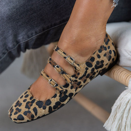 Low Heel Flat Horse Fur Leopard Print Shoes - D&A