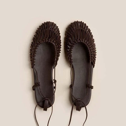 Niche Handmade Weave Vintage Genuine Leather Twine Grip Sandals Dark Brown - D&A