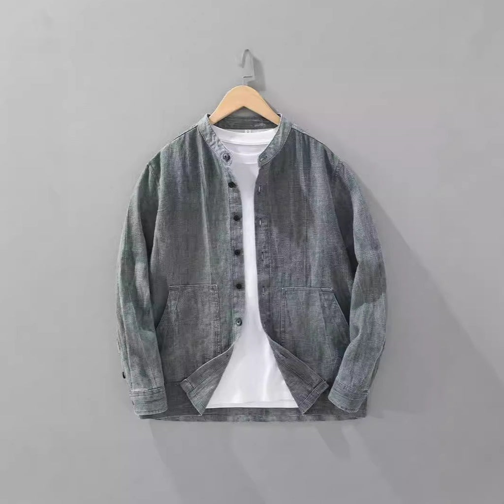 Men's Solid Color Ramie Stand Collar Retro Casual Coat Shirt - D&A