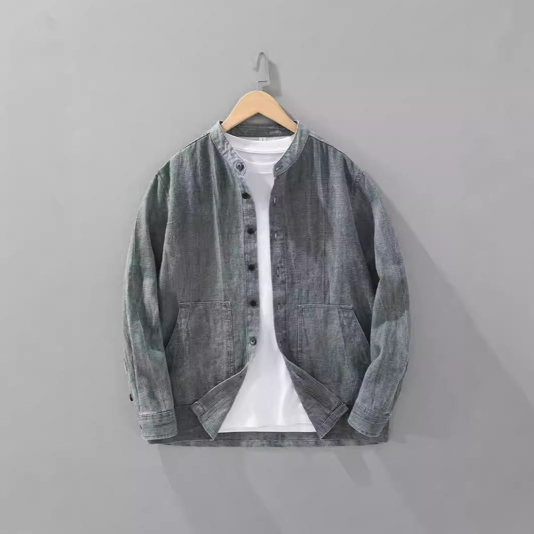 Men's Solid Color Ramie Stand Collar Retro Casual Coat Shirt - D&A