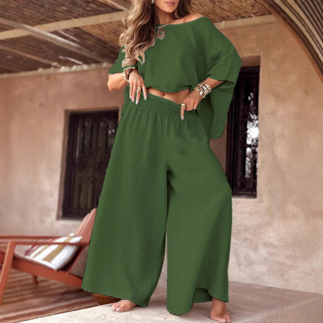 Solid Color Loose Round Neck Off-the-shoulder Women's Summer Suit - D&A
