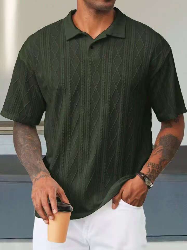 Retro Button Lapel Short Sleeve T-shirt Breathable Short Sleeve Loose Texture Knitted Army Green - D&A