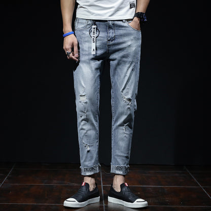 Spring And Summer Ripped Jeans Elastic Small Leg Straight Leg Pants Youth - D&A