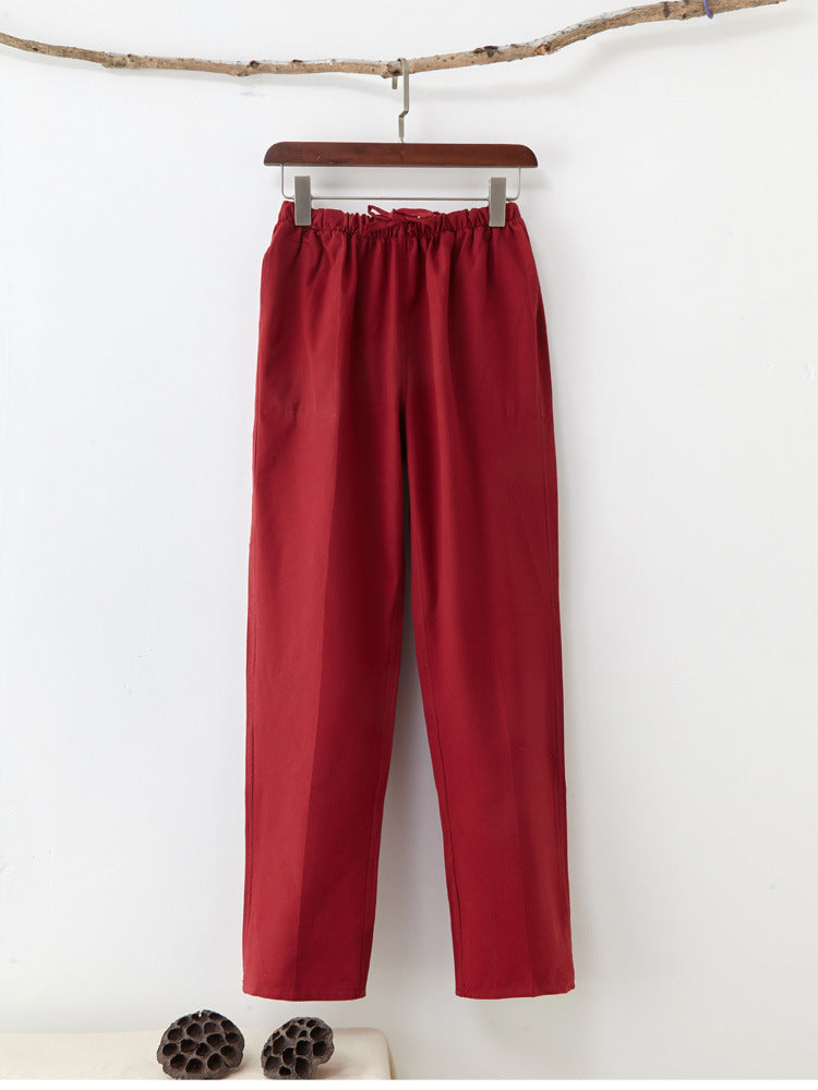 Men's Solid Color Pure Cotton Coarse Fabric Casual Pants Wine Red - D&A