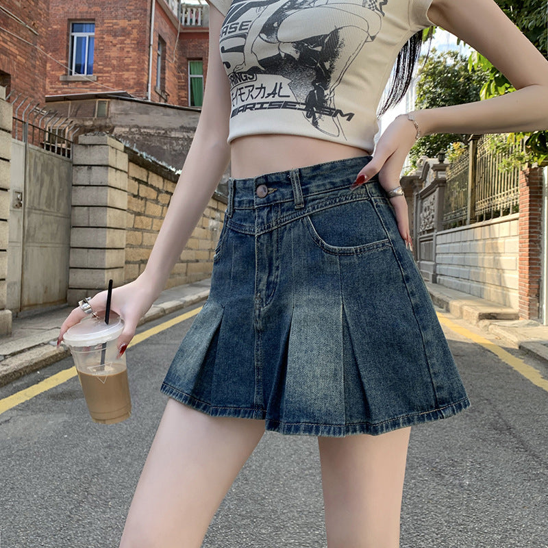 Denim Pleated For Women Summer High Waist Anti-exposure Skirt - D&A