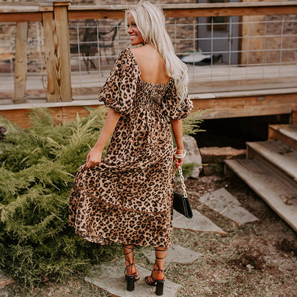High Waist Dress Women's Lantern Sleeve Printed Maxi Dress - D&A