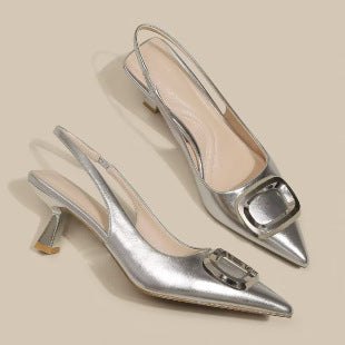 Pointed Toe Classy High Heels High-grade French Square Buckle Silver - D&A