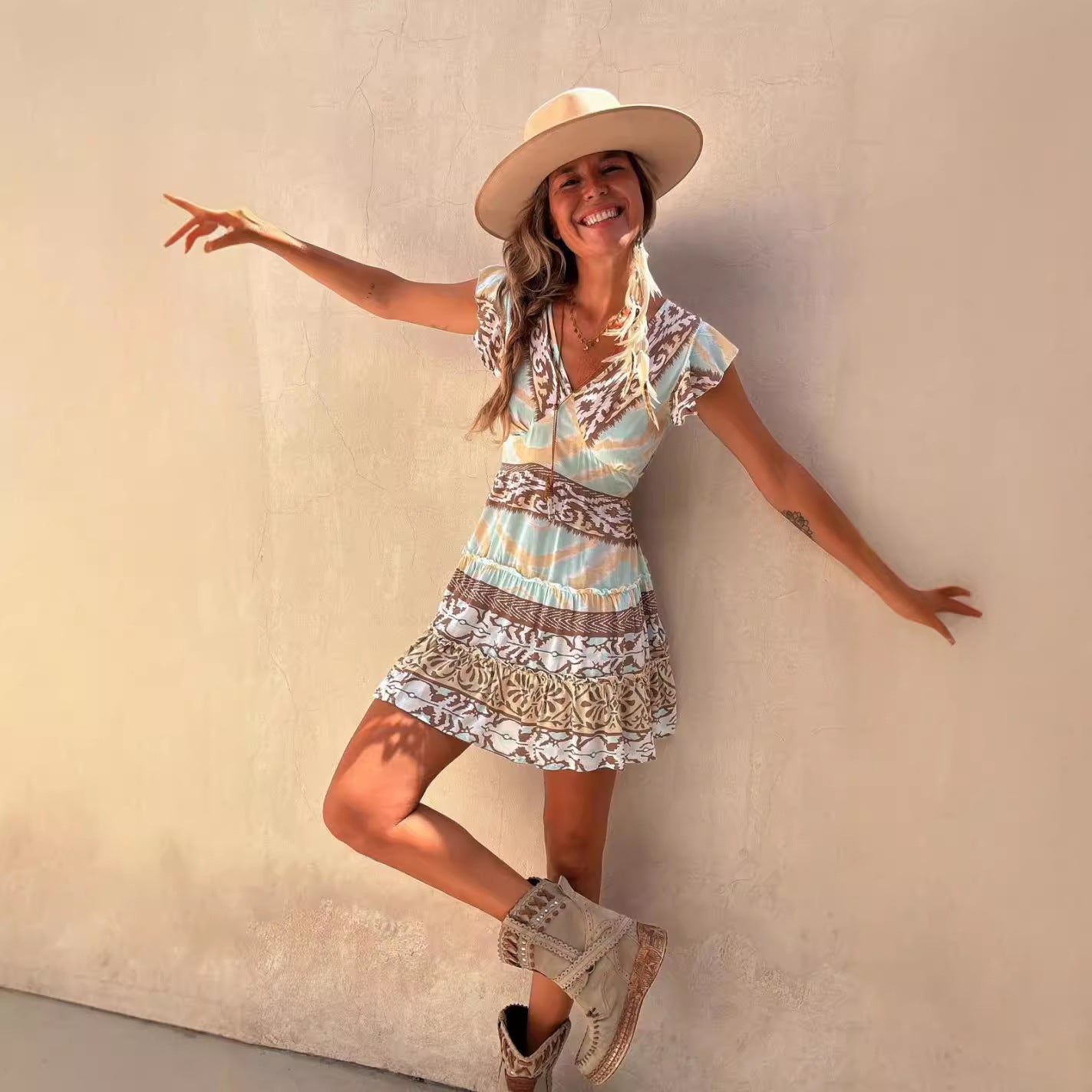 Fashion Printed Ruffled Pendant Dress Women - D&A