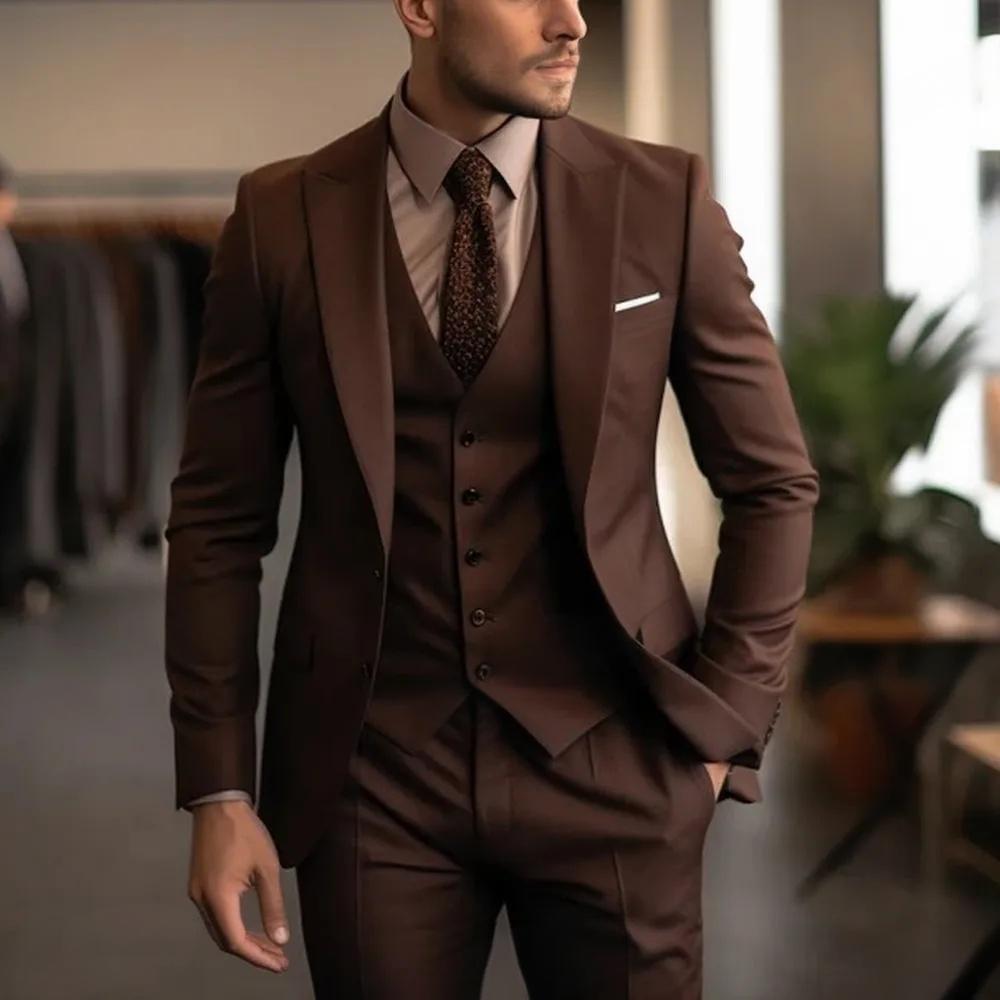 Men's Three-piece Suit Solid Color High Sense Brown - D&A