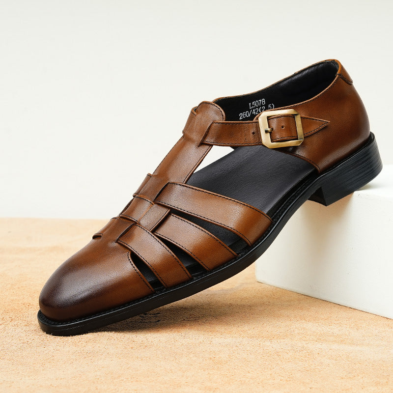 Genuine Leather Retro Fashion Business Summer Breathable Men's Shoes Brown - D&A