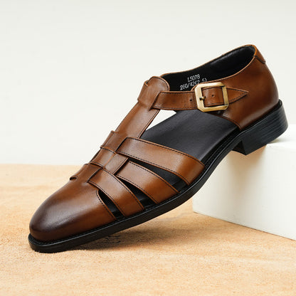 Genuine Leather Retro Fashion Business Summer Breathable Men's Shoes Brown - D&A