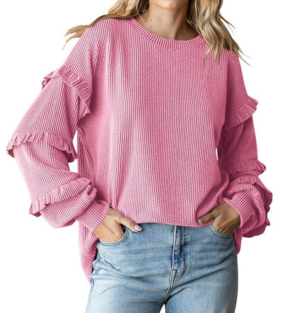 Women's Lantern Sleeve Round Neck Lace Sleeve Top Pink - D&A