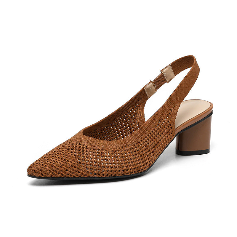 Hollow-out Knitted Closed Toe Back Empty Strap Sandals Pointed Toe Brown - D&A