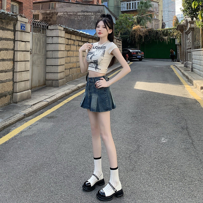 Denim Pleated For Women Summer High Waist Anti-exposure Skirt - D&A