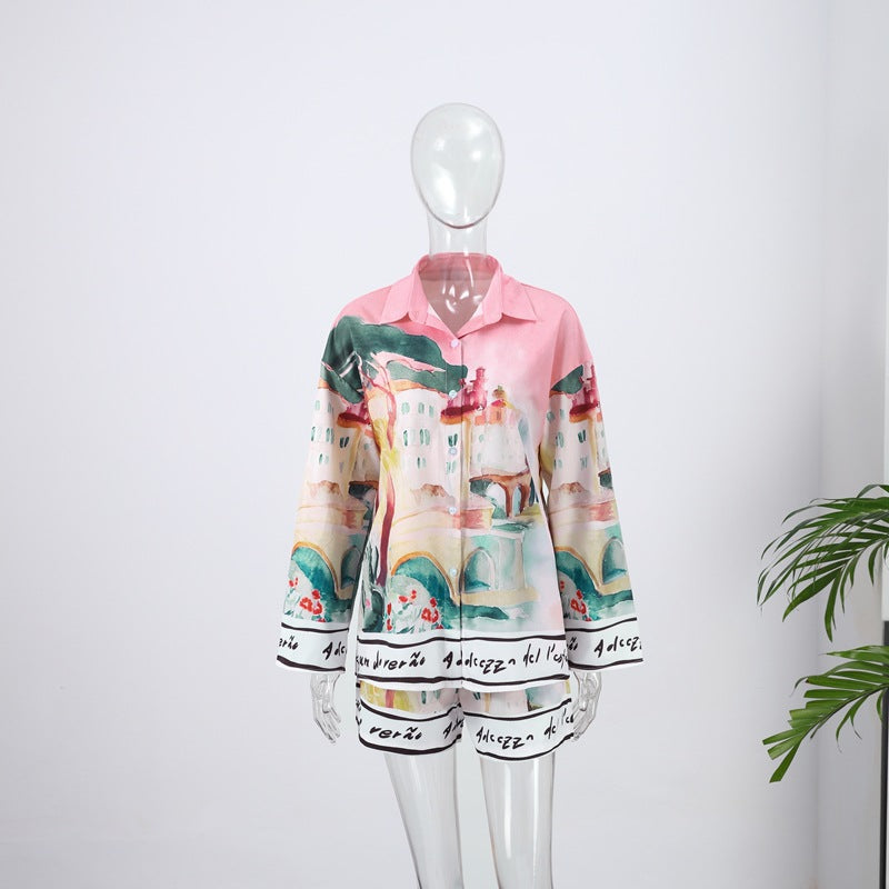 Women's Casual Style Printing Lapel Breasted Shirt Shorts Suit - D&A
