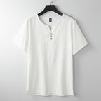 Men's Chinese-style Cotton And Linen V-neck Short Sleeve White - D&A