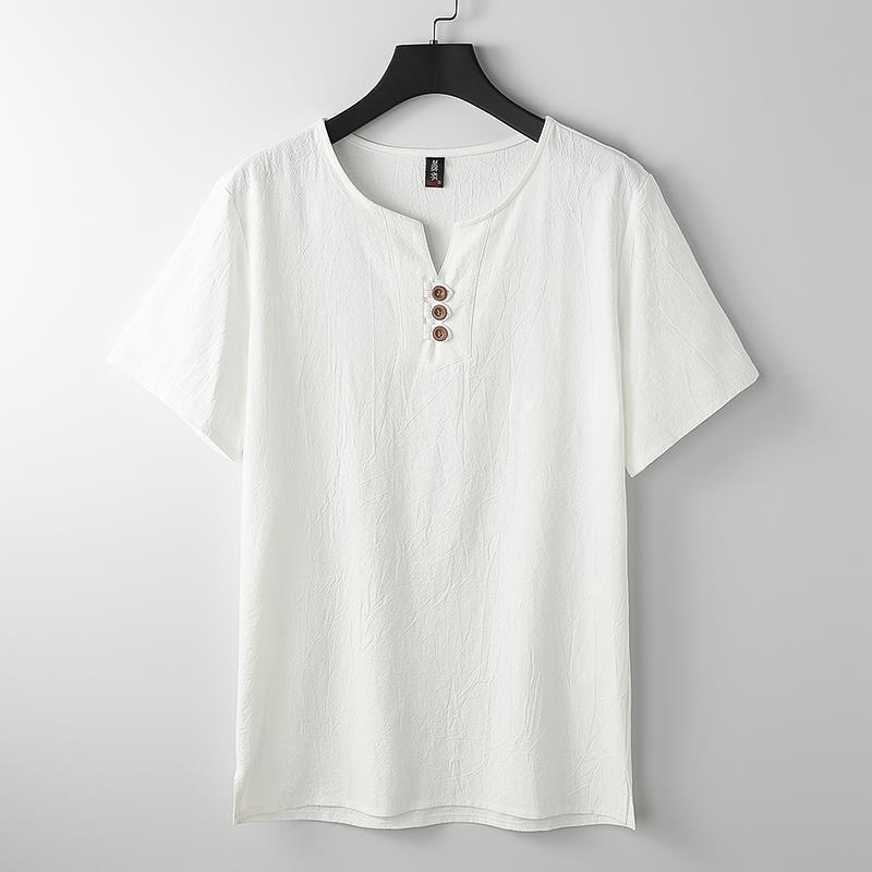 Men's Chinese-style Cotton And Linen V-neck Short Sleeve White - D&A