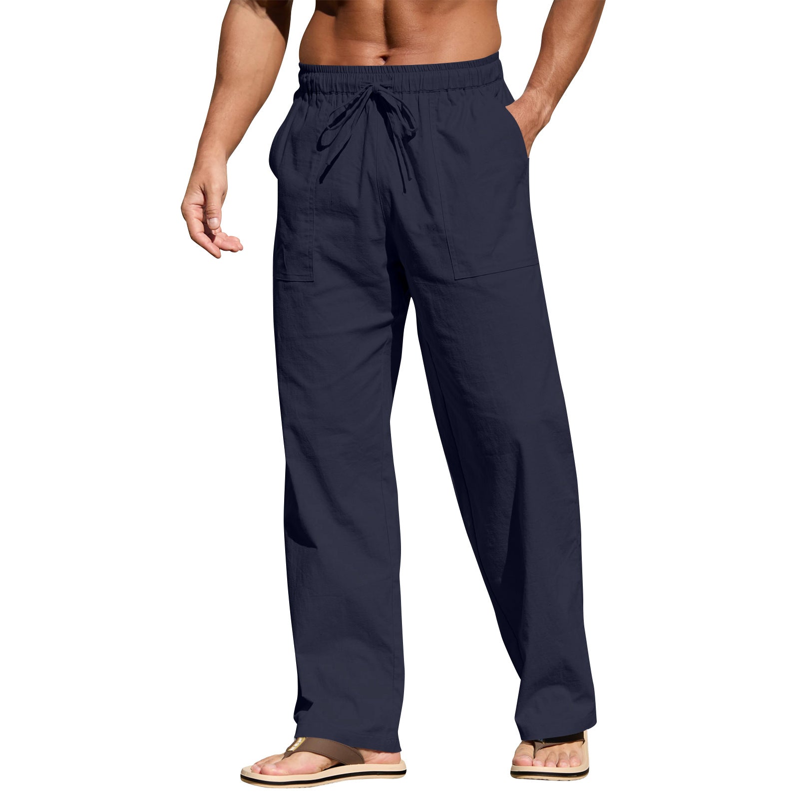 Men's Cotton And Linen Beach Trousers Drawstring Elastic Waist Straight Comfortable Breathable Navy Blue - D&A
