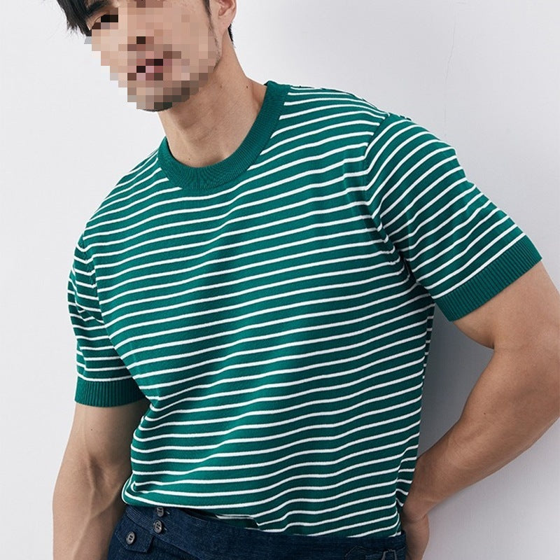 Men's High-grade Casual Striped Round Neck Knitted T-shirt Green - D&A