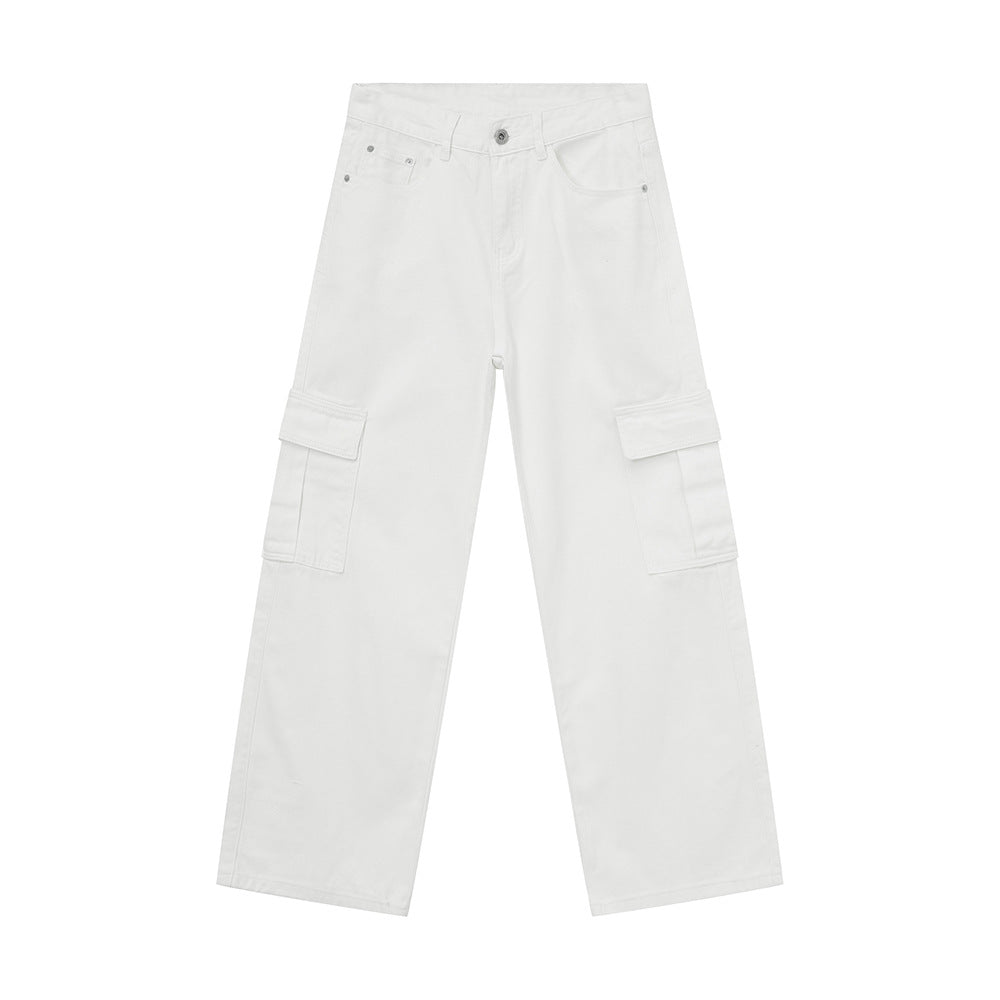 Men's Solid Color Basic Loose Casual Straight-leg Denim Trousers White - D&A