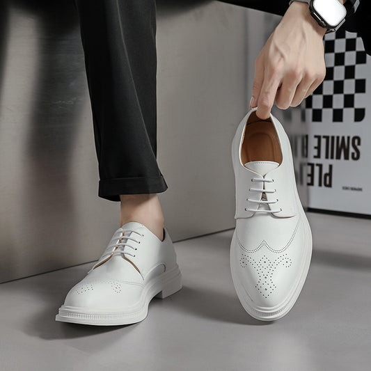 Men's Shoes British Formal Business Leather Shoes White Pointed Leather Shoes - D&A