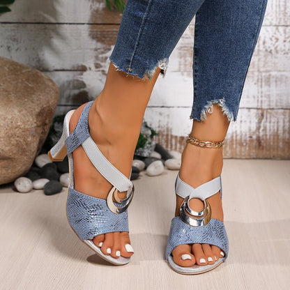 Metal Buckle Women's High-heeled Sandal Blue - D&A