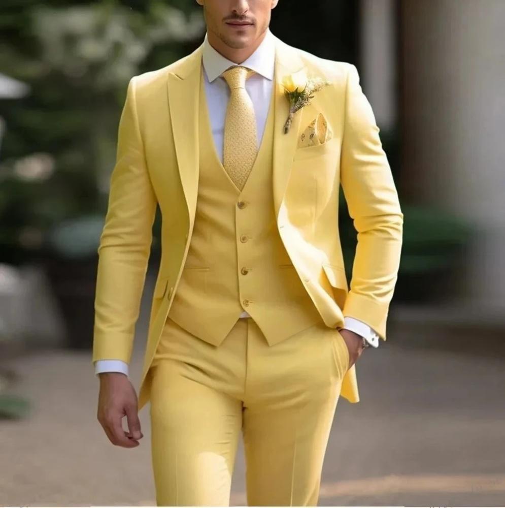 Men's Three-piece Suit Solid Color High Sense Light Yellow - D&A