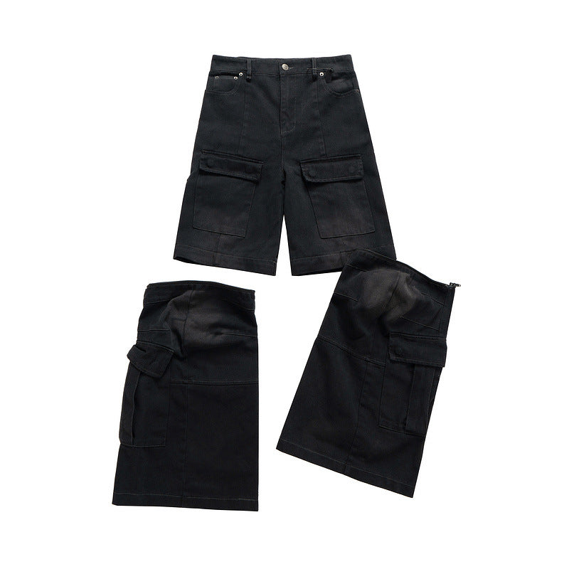 Detachable Worn Looking Washed-out Multi-pocket Detachable Two-way Wear Micro-pull Overalls - D&A