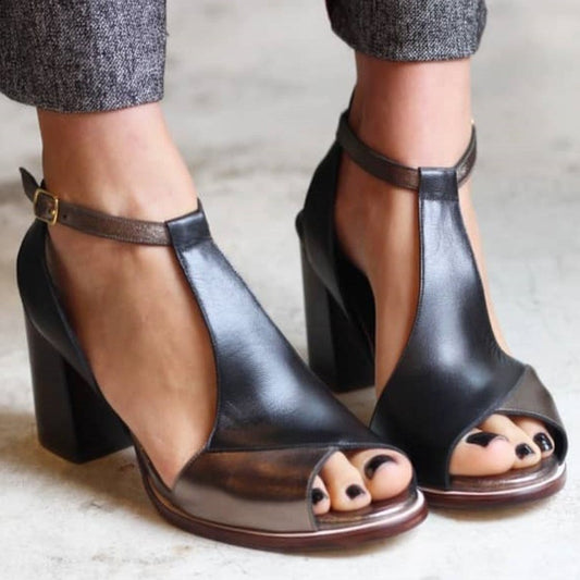 Women's Solid Color High Heel Peep Toe Buckle Sandals - D&A