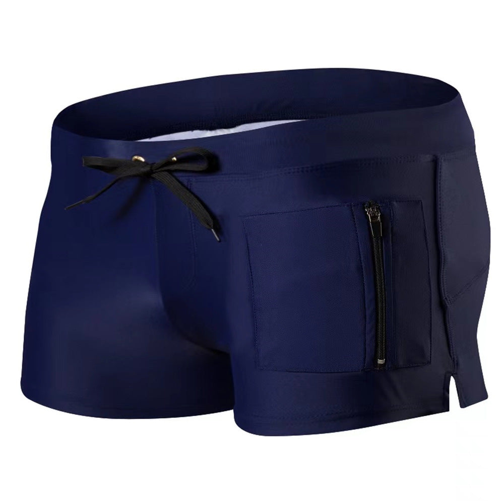 Men's Polyester High Waist Tight Lace-up Swimming Trunks Dark Blue - D&A