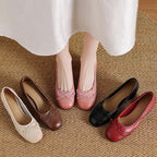 Women's Round Toe Shallow Mouth Gentle Bow Mid Heel Leather Shoes - D&A