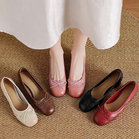 Women's Round Toe Shallow Mouth Gentle Bow Mid Heel Leather Shoes - D&A