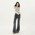 Casual Low Waist Slim Fit Bell-bottom Pants Gray Trousers - D&A