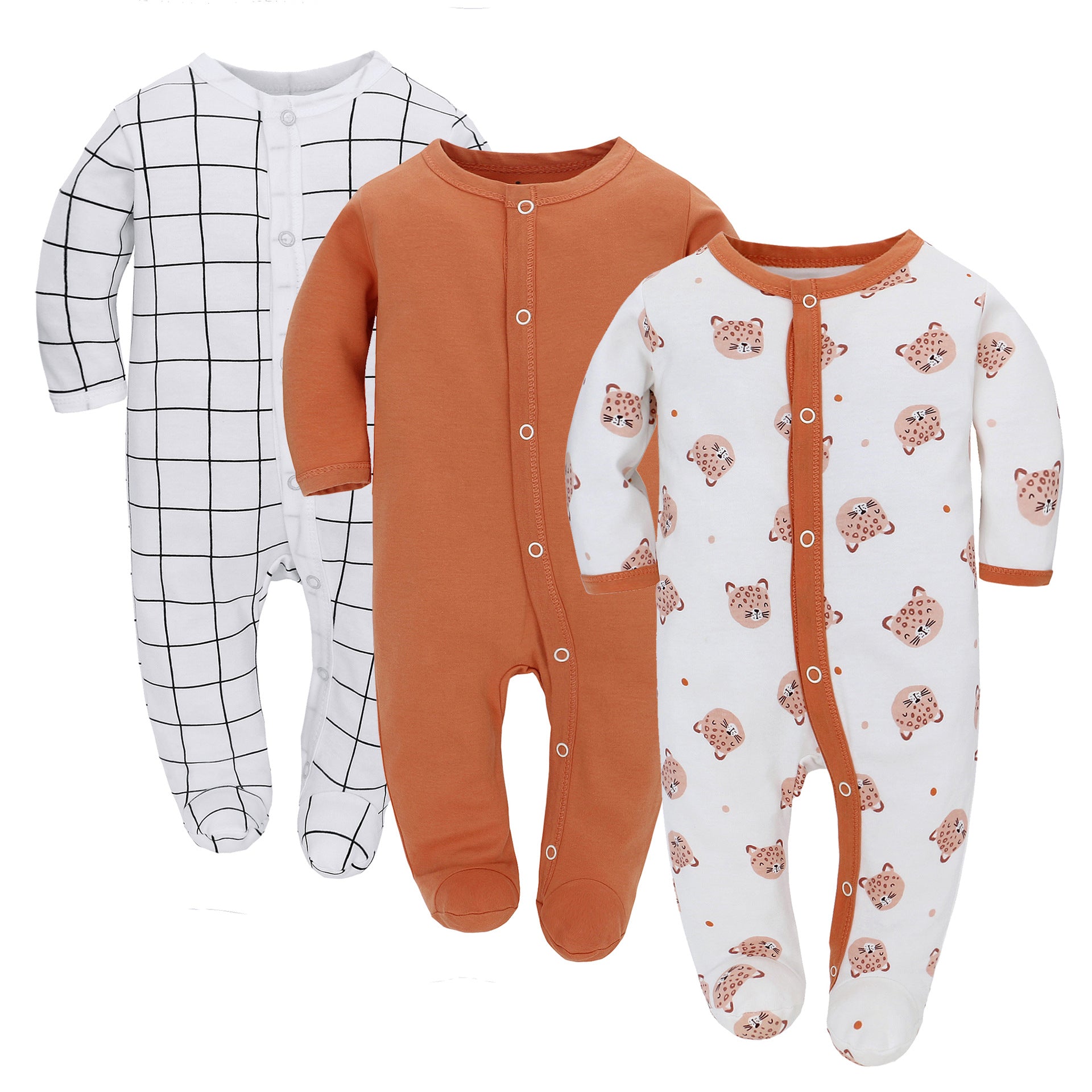 Baby Jumpsuit Long Sleeve Romper Orange Bear Grid - D&A