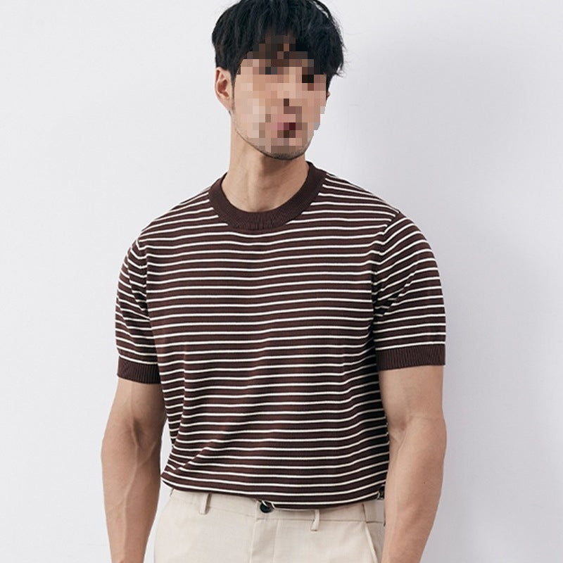 Men's High-grade Casual Striped Round Neck Knitted T-shirt Brown - D&A