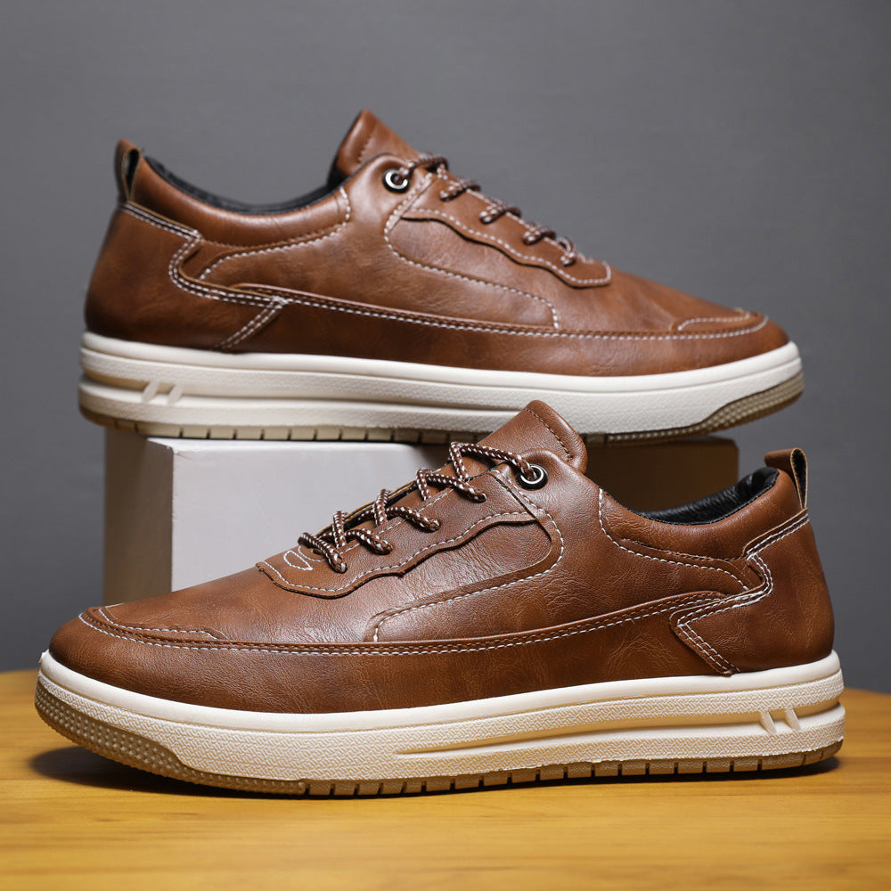 Leather Surface Men's Low-top Sneakers Warm Casual Shoes Brown Single - D&A