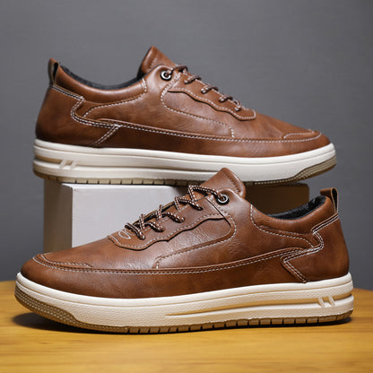 Leather Surface Men's Low-top Sneakers Warm Casual Shoes Brown Single - D&A