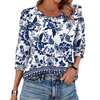 Women's Printed Elegant 34 Sleeves Round Neck T-shirt With Buttons - D&A