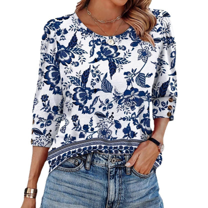 Women's Printed Elegant 34 Sleeves Round Neck T-shirt With Buttons - D&A