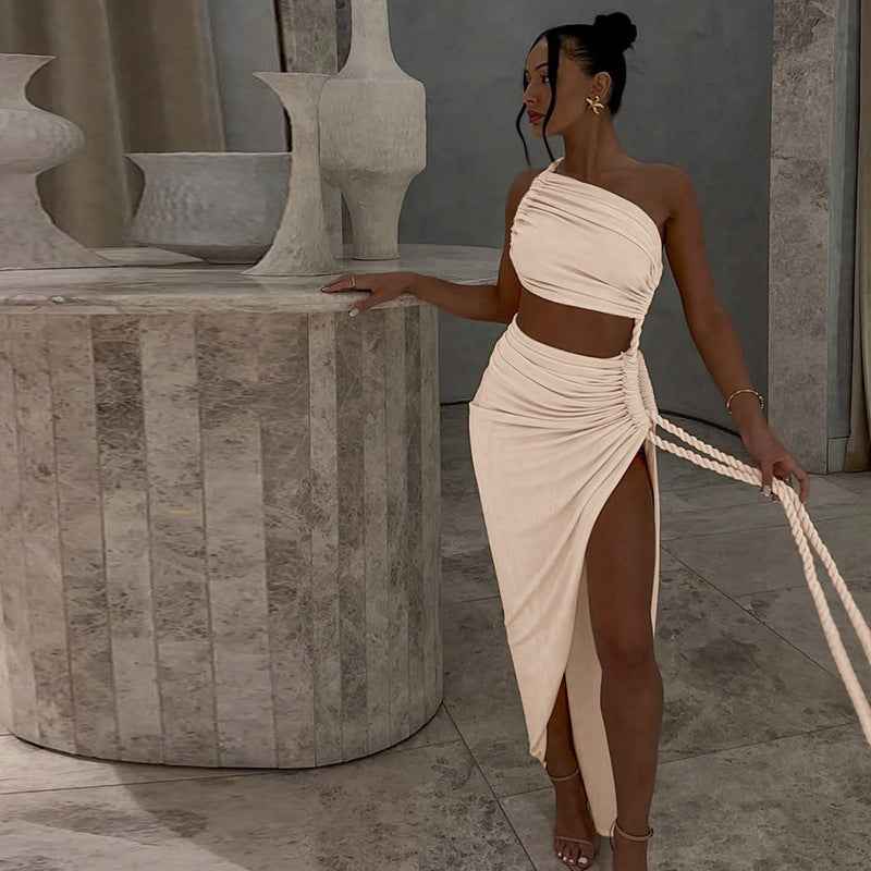 Fashion One Shoulder Tube Top Backless Hollow Tether Ruched Dress