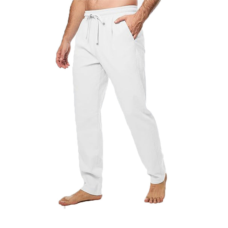 Men's Cotton And Linen Trousers Loose Drawstring Waist Straight Summer Breathable White - D&A