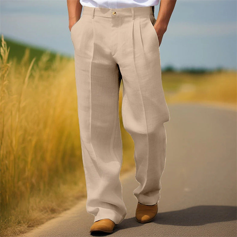 Men's Linen Solid Color Loose Straight Daily Casual Breathable Trousers Khaki - D&A